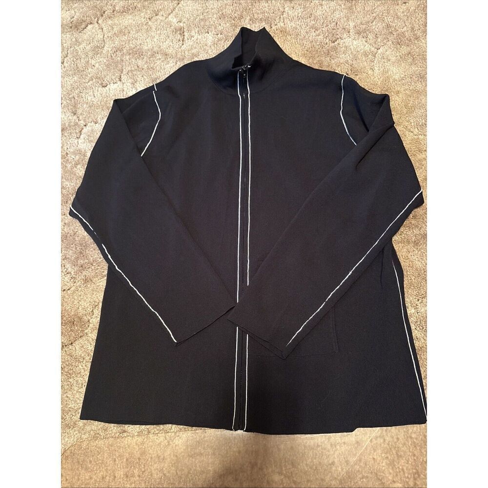Chico's Design Sweater Sz 2 Black/White‎ Accents  Zip Mock Neck Long Sleeves